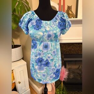Vintage 1960s Sears Blue Floral Nylon Women's Blouse